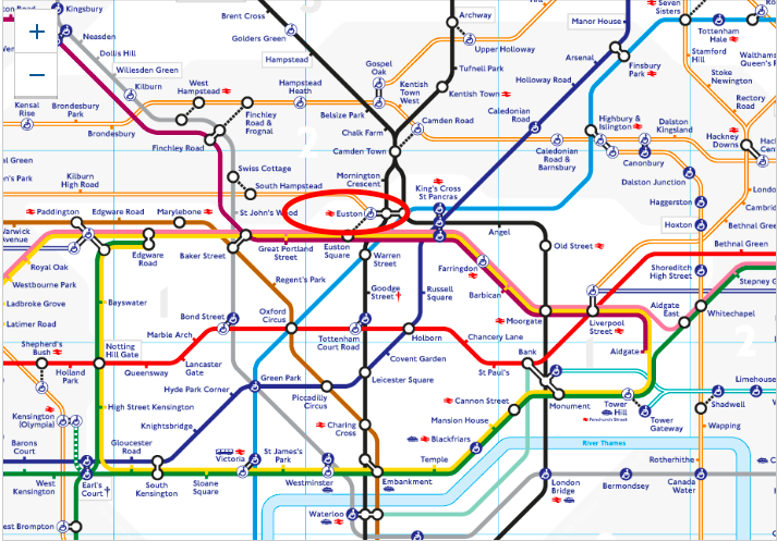 地下鉄マップTubeのEusoton駅を赤マルで囲っている