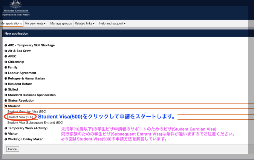 Student Visa 500の選択画面