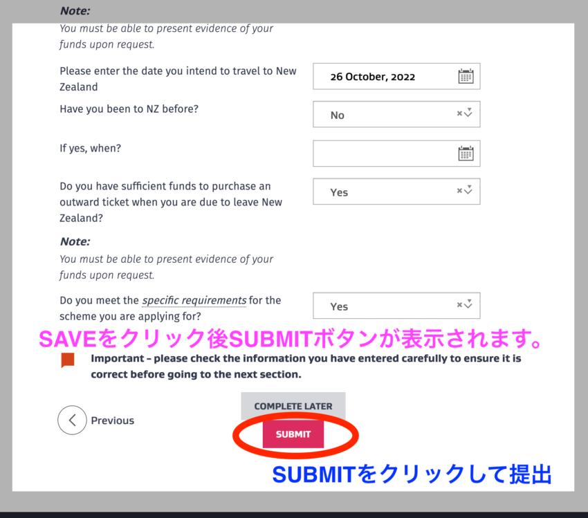 ワーホリビザ申請ページ　SUBMITボタン