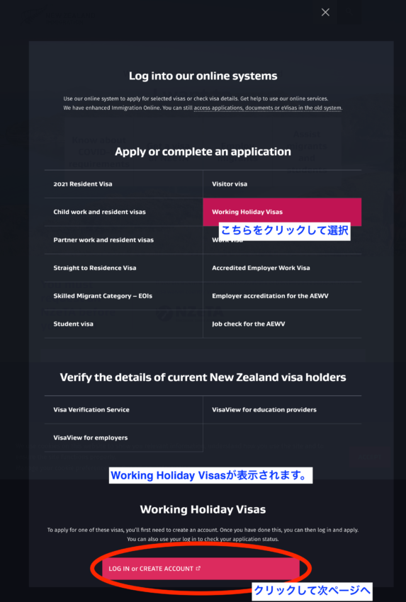 ニュージーランド大使館ワーホリビザ申請画面